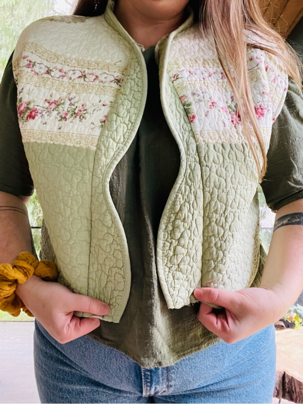 Handmade Quilted Floral Patchwork Vest in Sage Green OS